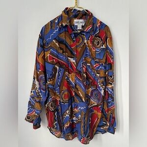 Vintage Take Away Bold Art Deco 100% Silk Button Front Blouse Women’s Medium